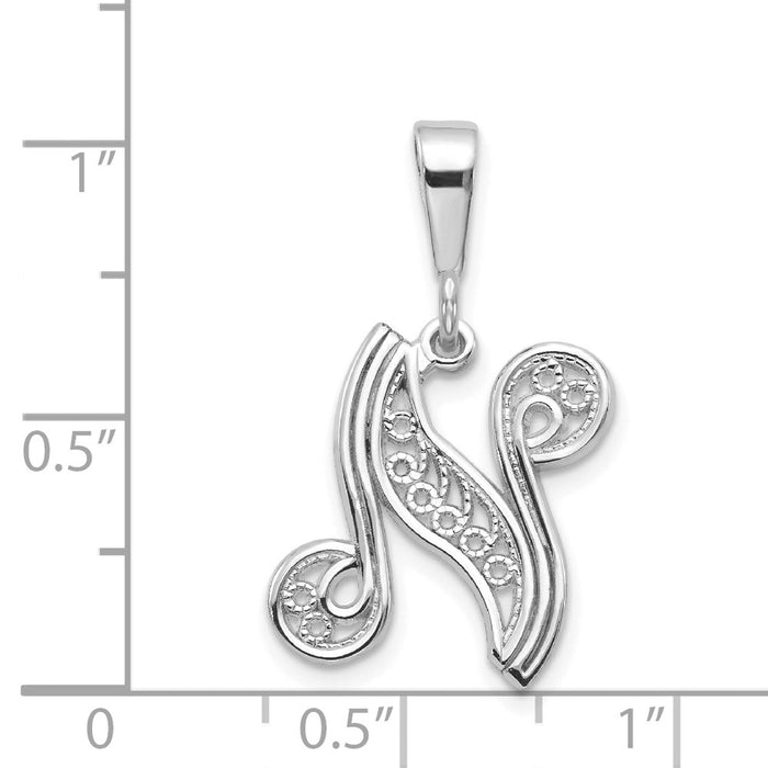 Million Charms 14K White Gold Themed Solid Polished Filigree Alphabet Letter Initial N Pendant