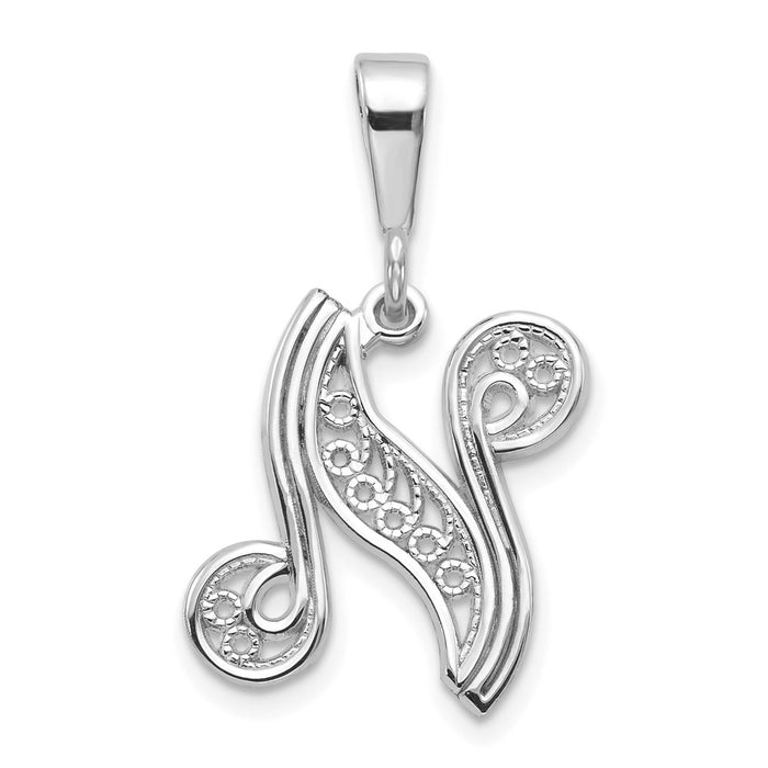 Million Charms 14K White Gold Themed Solid Polished Filigree Alphabet Letter Initial N Pendant