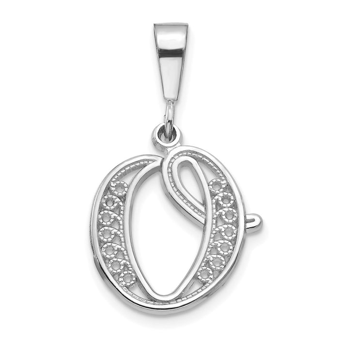 Million Charms 14K White Gold Themed Solid Polished Filigree Alphabet Letter Initial O Pendant