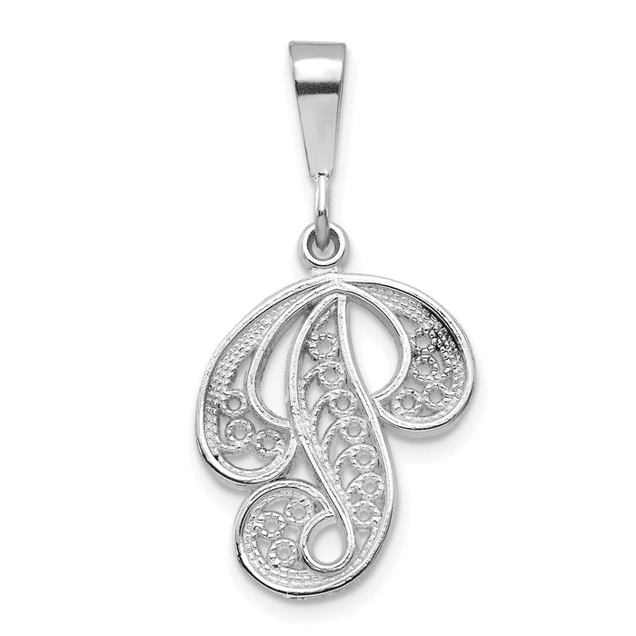 Million Charms 14K White Gold Themed Solid Polished Filigree Alphabet Letter Initial P Pendant