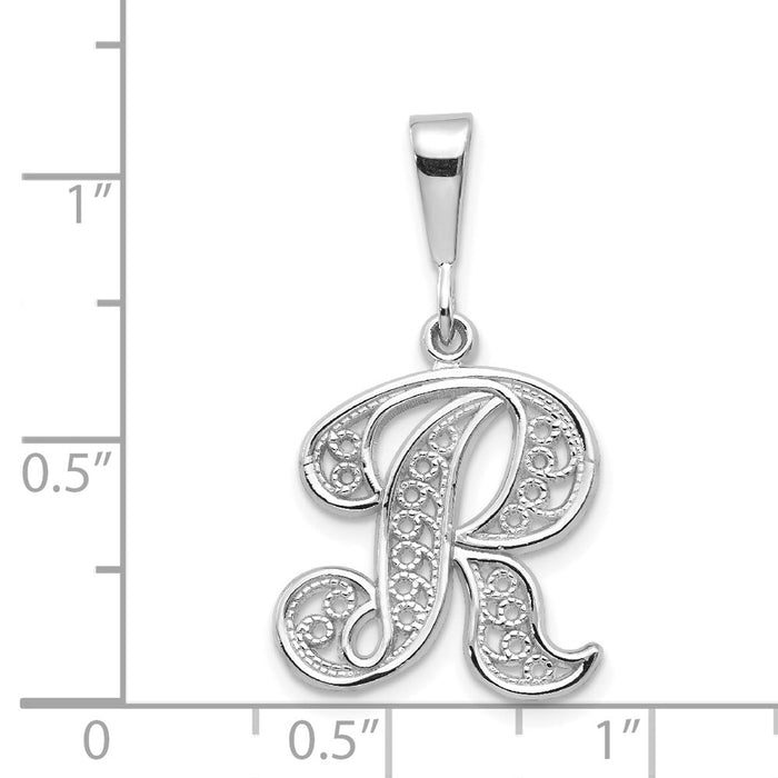 Million Charms 14K White Gold Themed Solid Polished Filigree Alphabet Letter Initial R Pendant