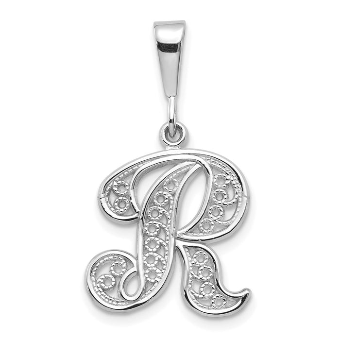 Million Charms 14K White Gold Themed Solid Polished Filigree Alphabet Letter Initial R Pendant