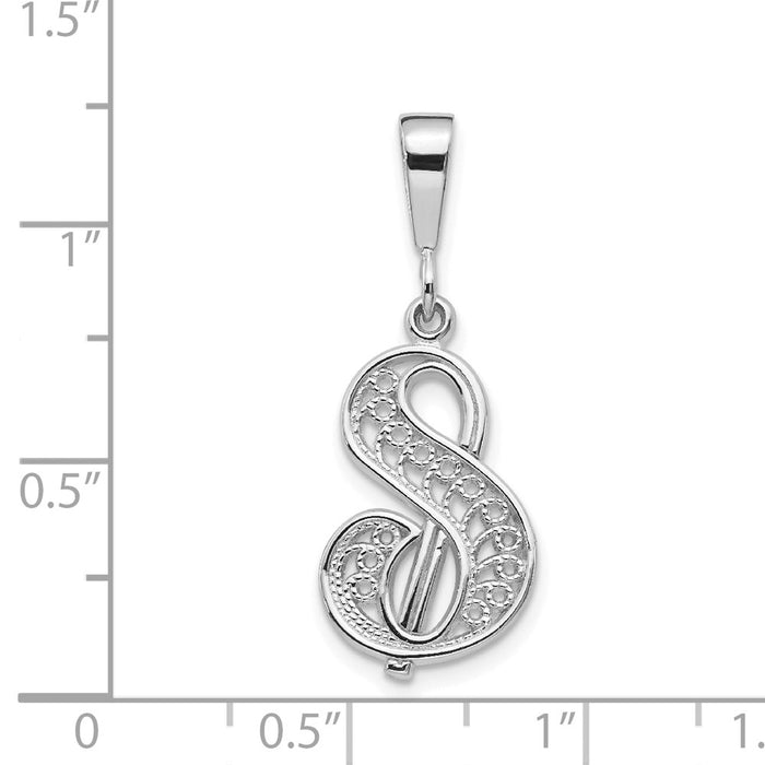 Million Charms 14K White Gold Themed Solid Polished Filigree Alphabet Letter Initial S Pendant