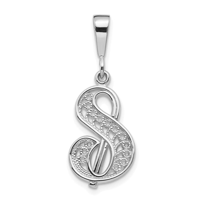 Million Charms 14K White Gold Themed Solid Polished Filigree Alphabet Letter Initial S Pendant