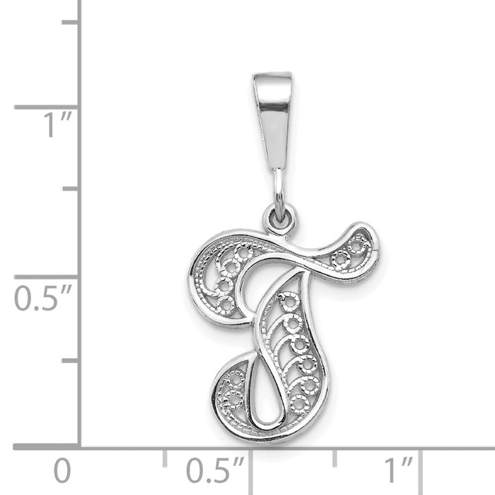 Million Charms 14K White Gold Themed Solid Polished Filigree Alphabet Letter Initial T Pendant