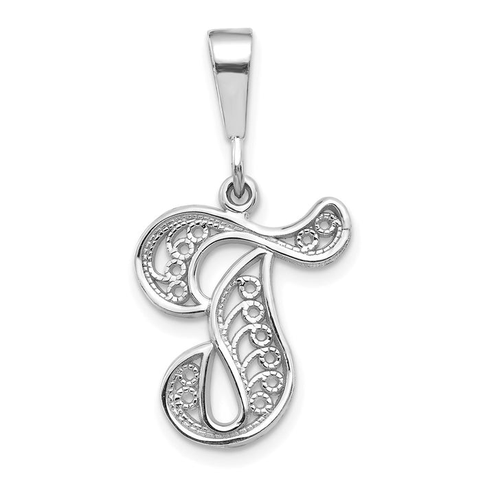 Million Charms 14K White Gold Themed Solid Polished Filigree Alphabet Letter Initial T Pendant