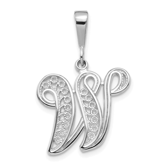 Million Charms 14K White Gold Themed Solid Polished Filigree Alphabet Letter Initial W Pendant