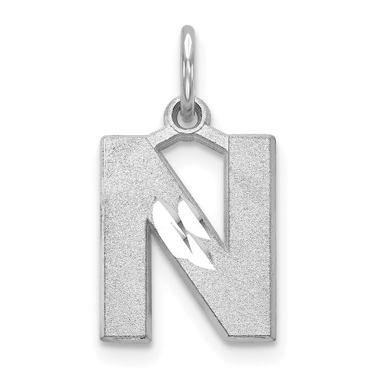 Million Charms 14K White Gold Themed Solid Satin Diamond-Cut Alphabet Letter Initial N Charm