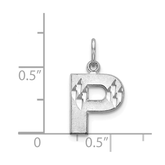 Million Charms 14K White Gold Themed Solid Satin Diamond-Cut Alphabet Letter Initial P Charm