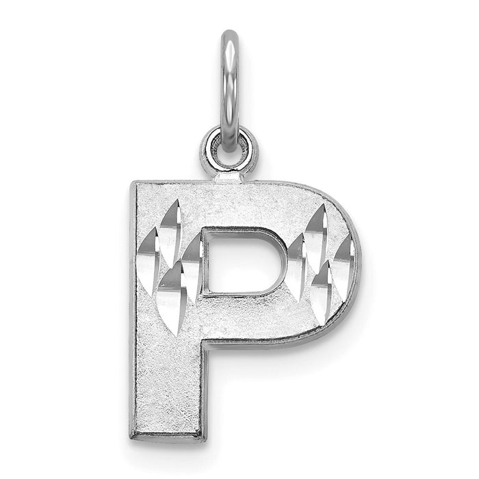 Million Charms 14K White Gold Themed Solid Satin Diamond-Cut Alphabet Letter Initial P Charm