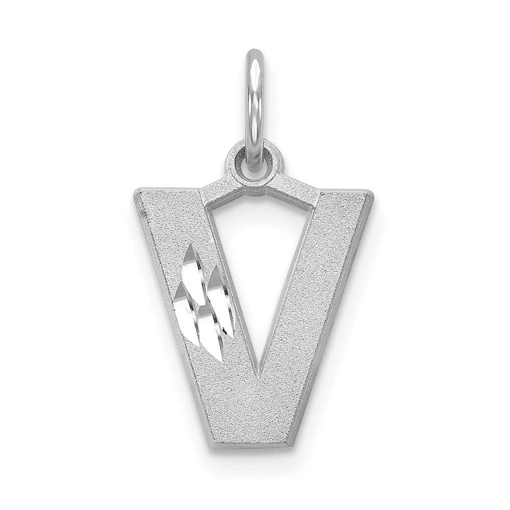 Million Charms 14K White Gold Themed Solid Satin Diamond-Cut Alphabet Letter Initial V Charm