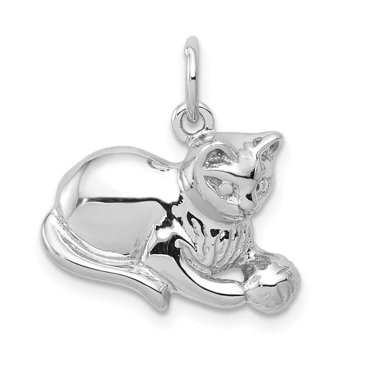 Million Charms 14K White Gold Themed Diamond-Cut Satin Open-Backed Cat Charm