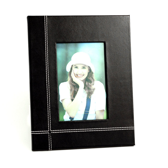 Occasion Gallery Black Color Black Leather 4"x6" Picture Frame with Easel Back. 7.5 L x 0.5 W x 9.5 H in.