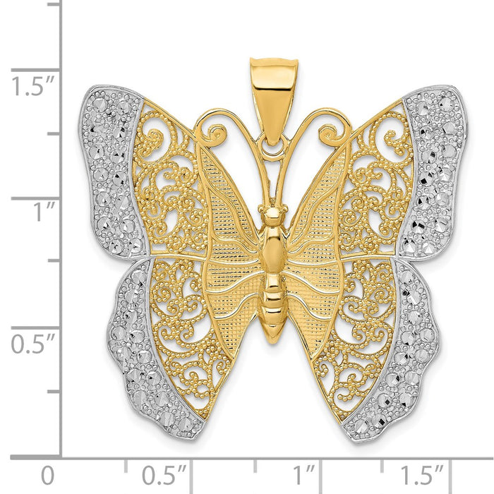 Million Charms 14K Yellow Gold Themed, Rhodium-plated Solid Polished Diamond-Cut Filigree Butterfly Pendant