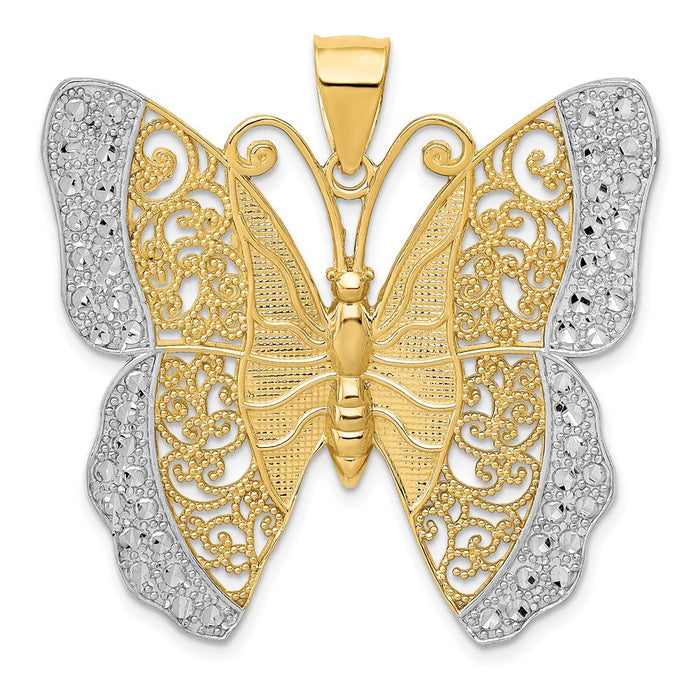 Million Charms 14K Yellow Gold Themed, Rhodium-plated Solid Polished Diamond-Cut Filigree Butterfly Pendant