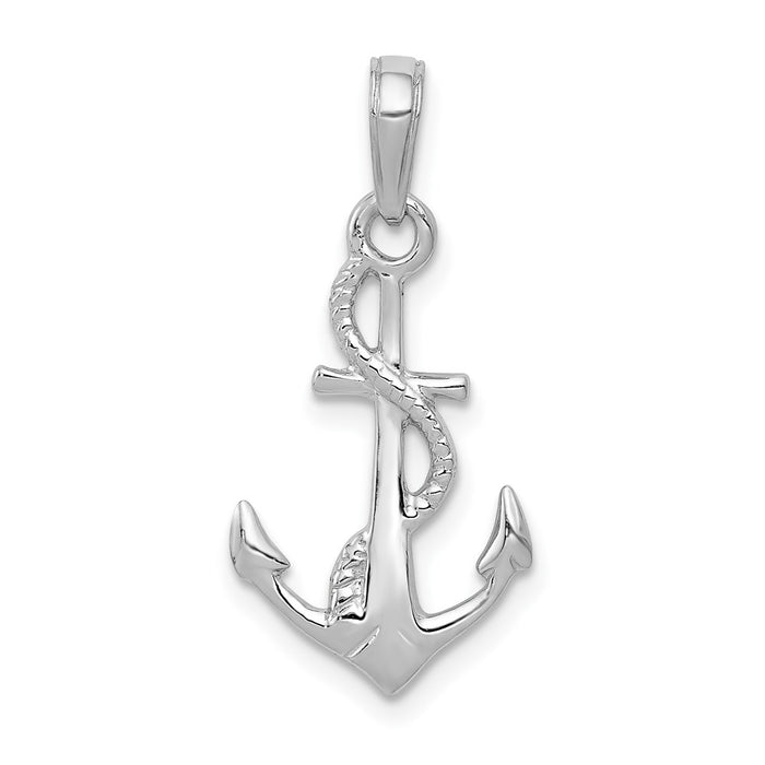 Million Charms 14K White Gold Themed Solid Polished 3-Dimensional Nautical Anchor Pendant