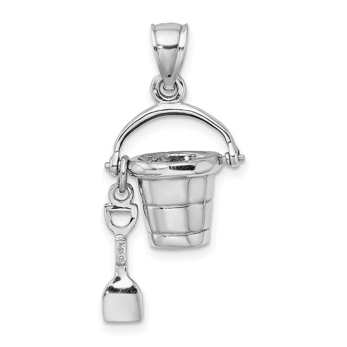 Million Charms 14K White Gold Themed 3-D & Moveable Beach Bucket With Shovel Charm
