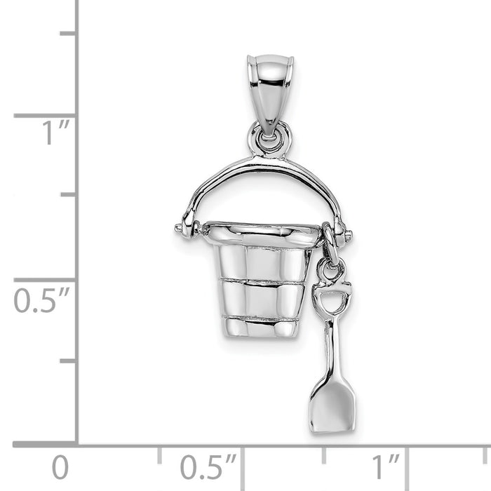 Million Charms 14K White Gold Themed 3-D & Moveable Beach Bucket With Shovel Charm