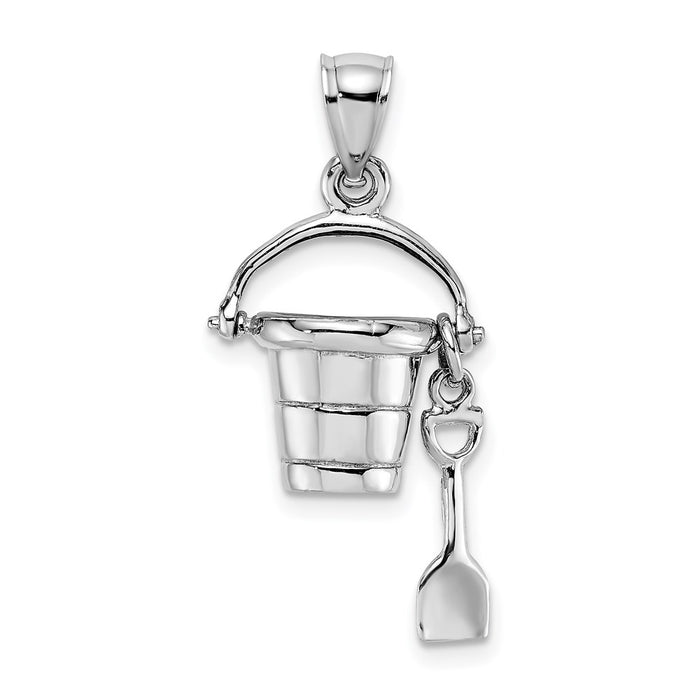 Million Charms 14K White Gold Themed 3-D & Moveable Beach Bucket With Shovel Charm