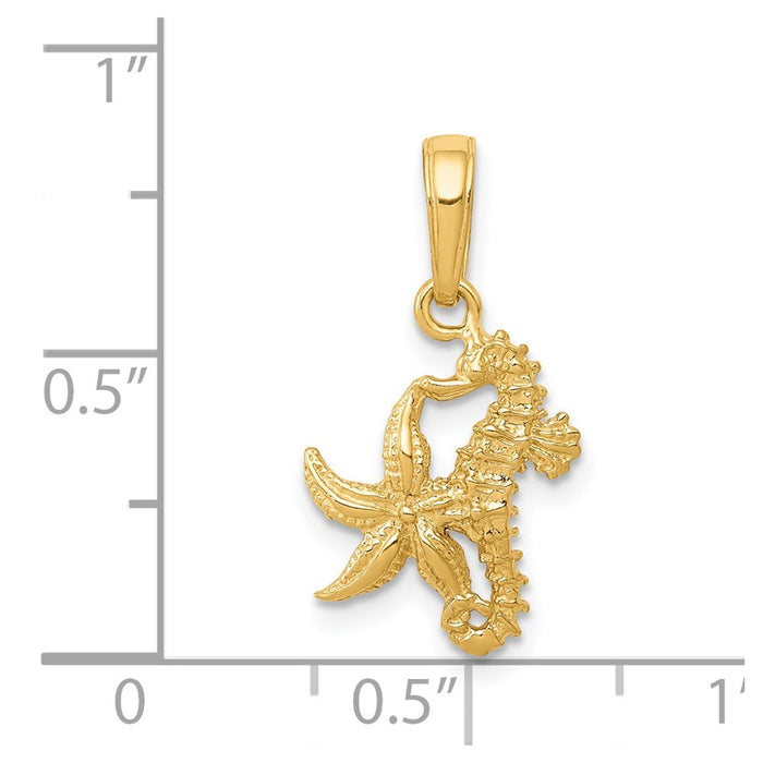 Million Charms 14K Yellow Gold Themed Solid Nautical Seahorse & Nautical Starfish Pendant