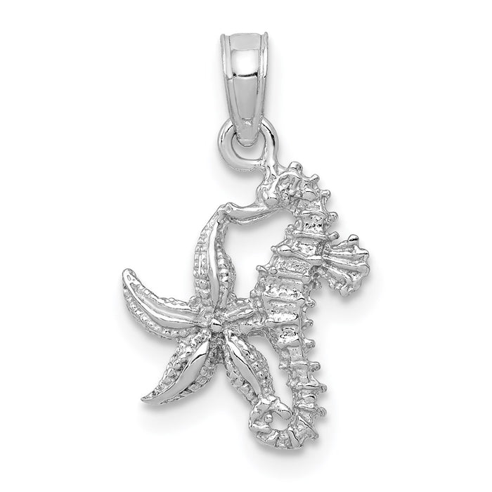 Million Charms 14K White Gold Themed Solid Nautical Seahorse & Nautical Starfish Pendant