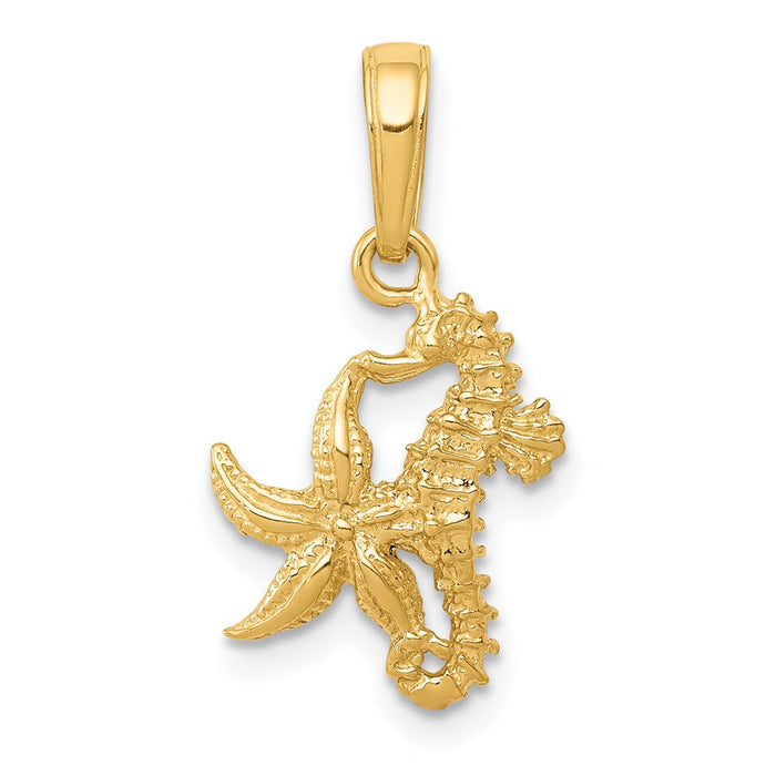 Million Charms 14K Yellow Gold Themed Solid Nautical Seahorse & Nautical Starfish Pendant