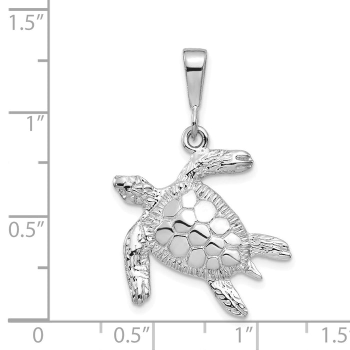 Million Charms 14K White Gold Themed Solid Polished Open-Backed Sea Turtle Pendant