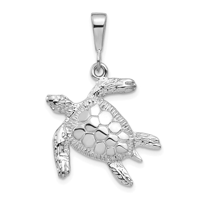 Million Charms 14K White Gold Themed Solid Polished Open-Backed Sea Turtle Pendant