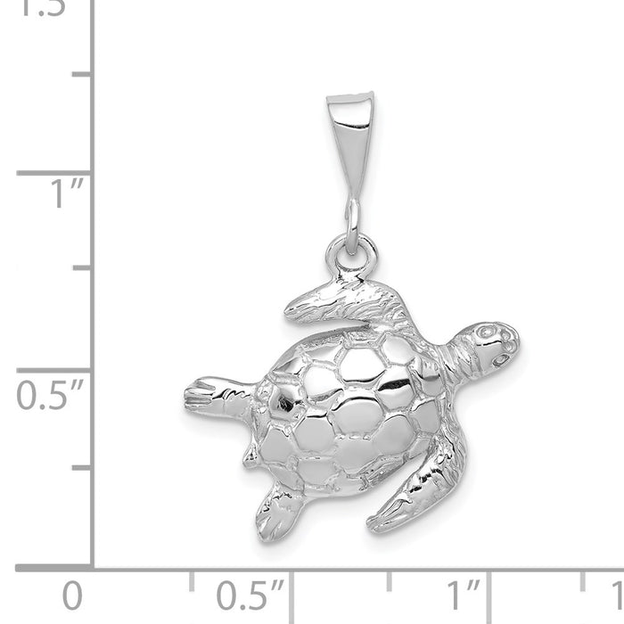 Million Charms 14K White Gold Themed Solid Polished Open-Backed Sea Turtle Pendant