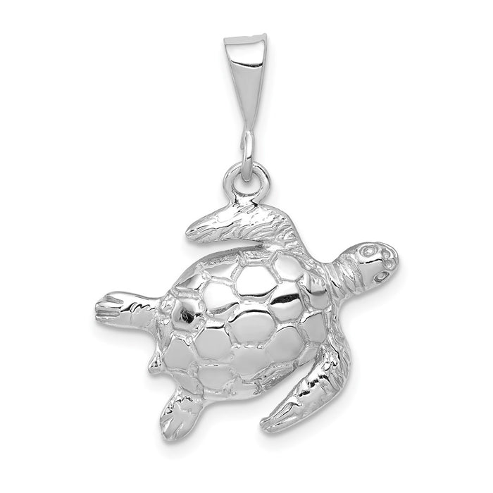Million Charms 14K White Gold Themed Solid Polished Open-Backed Sea Turtle Pendant