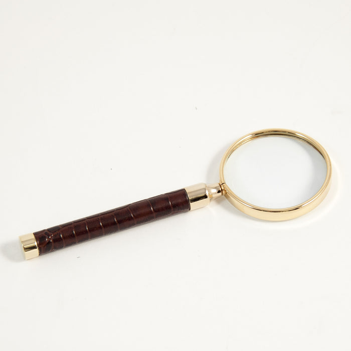 Occasion Gallery Brown/Gold Color Brown "Croco" Leather Magnifier with Gold Plated Accents. 7.25 L x 2.5 W x 0.5 H in.