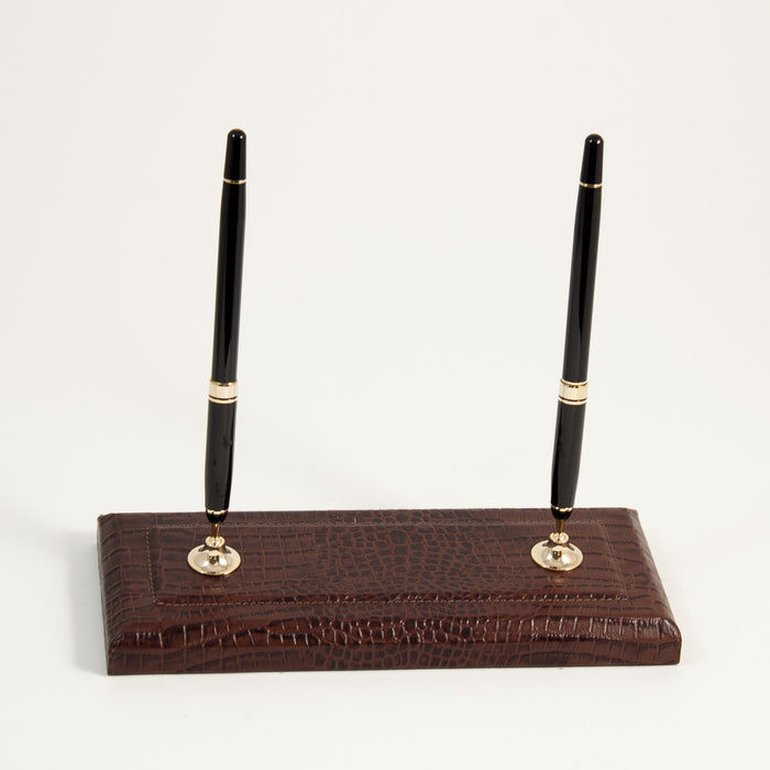 Occasion Gallery Brown Color Brown "Croco" Leather Double Pen Stand with Gold Plated Accents. 9.25 L x 3.5 W x 8 H in.