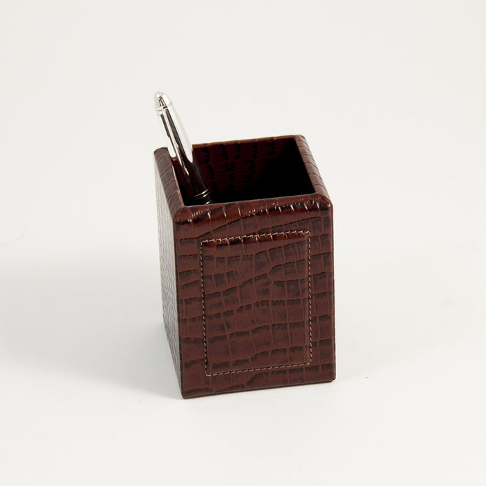 Occasion Gallery Brown Color Brown "Croco" Leather Pen Cup. 3 L x 3 W x 4 H in.