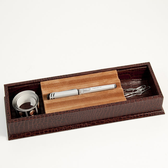 Occasion Gallery Brown Color Brown "Croco" Leather Stationery Tray. 12.25 L x 4.25 W x 2 H in.