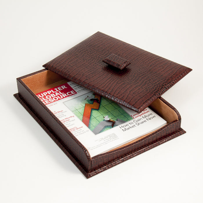 Occasion Gallery Brown Color Brown "Croco" Leather Letter Tray with Cover.  10.5 L x 13.75 W x 2.25 H in.