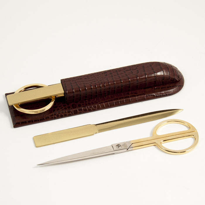 Occasion Gallery Brown Color Brown "Croco" Leather Library Set. Includes Gold and Silver Plated Scissors and Letter Opener.. 3 L x 11 W x 2 H in.
