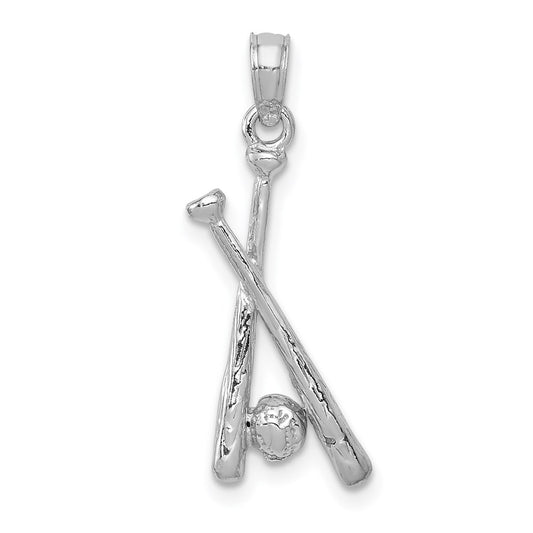 Million Charms 14K White Gold Themed Polished Open-Backed Bats & Ball Sports Baseball Pendant