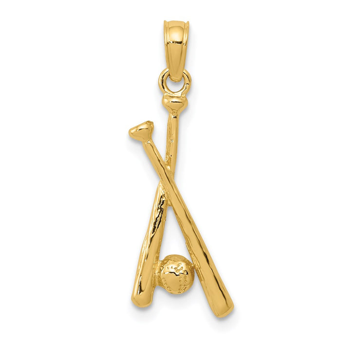 Million Charms 14K Yellow Gold Themed Polished Open-Backed Bats & Ball Sports Baseball Pendant