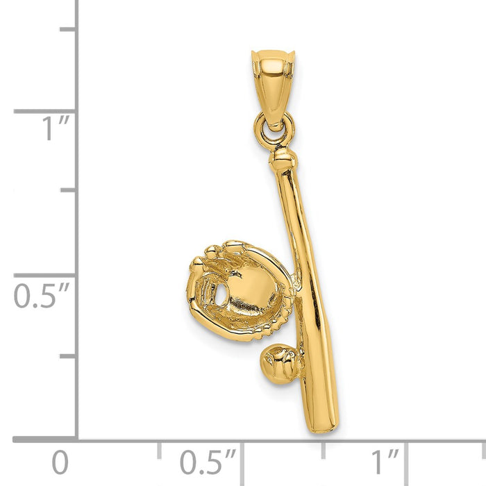 Million Charms 14K Yellow Gold Themed Solid Open-Backed Glove/Bat/Ball Sports Baseball Charm