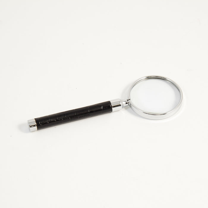 Occasion Gallery Black/Gold Color Black "Croco" Leather Magnifier with Silver Plated Accents. 7.25 L x 2.5 W x 0.5 H in.