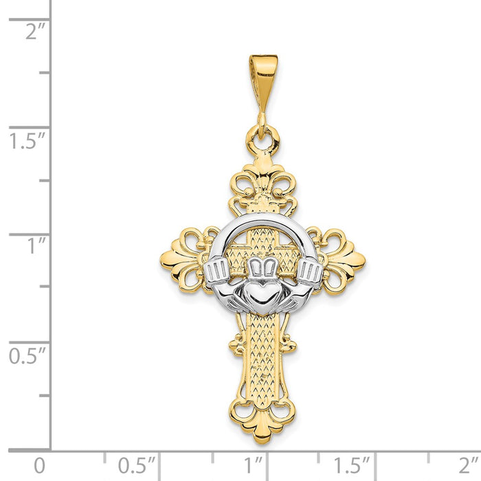 Million Charms 14K Two-Tone Claddagh Relgious Cross Pendant