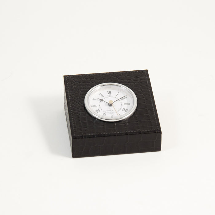 Occasion Gallery Black/Gold Color Black "Croco" Leather Quartz Clock with Silver Plated Accents. 4 L x 4 W x 1.5 H in.