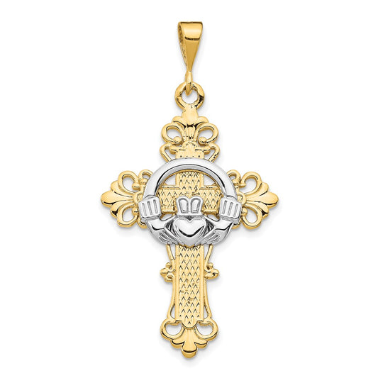 Million Charms 14K Two-Tone Claddagh Relgious Cross Pendant