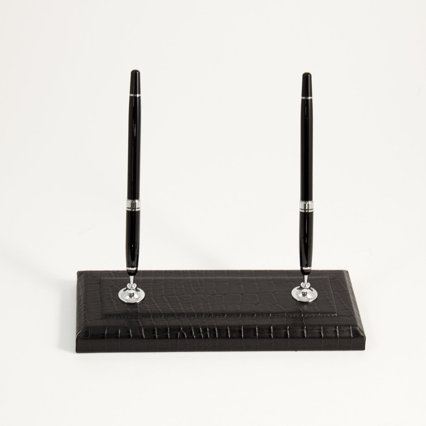Occasion Gallery Black/Gold Color Black "Croco" Leather Double Pen Stand with Gold Plated Accents. 9.25 L x 3.5 W x 8 H in.