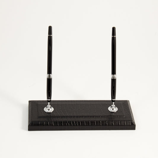 Occasion Gallery Black/Gold Color Black "Croco" Leather Double Pen Stand with Gold Plated Accents. 9.25 L x 3.5 W x 8 H in.