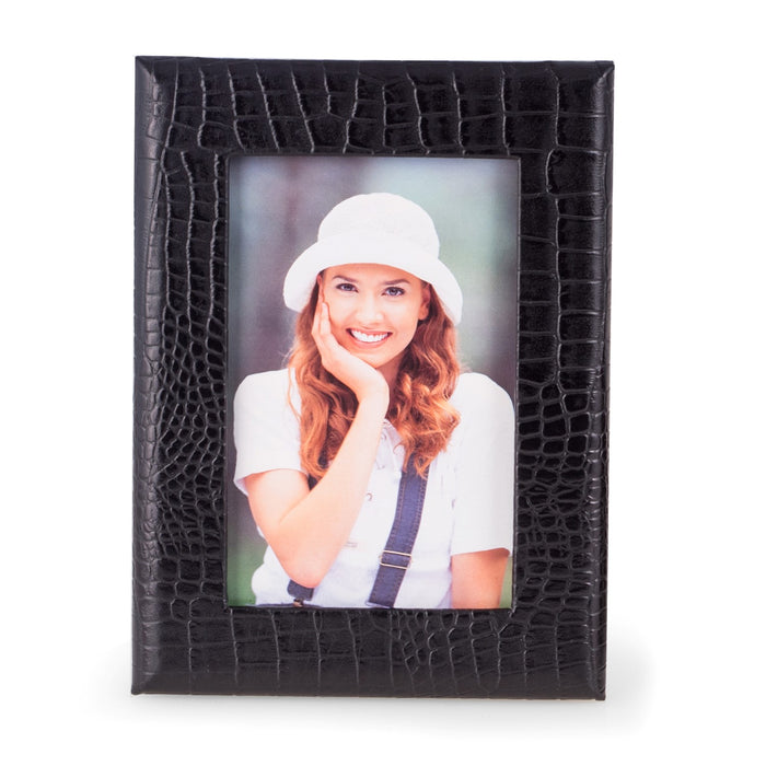 Occasion Gallery Black Color Black "Croco" Leather 4"x6" Picture Frame with Easel Back. 5.5 L x 0.5 W x 7.5 H in.