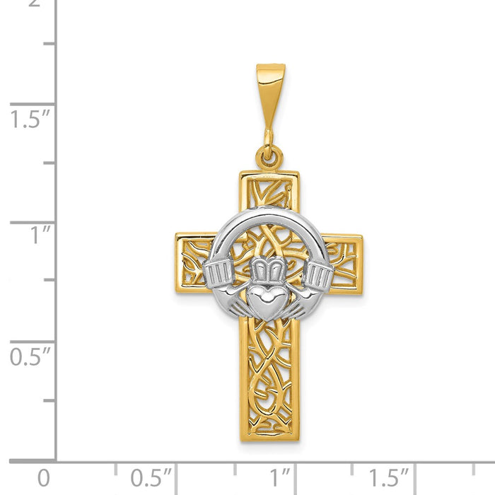 Million Charms 14K Two-Tone Claddagh Relgious Cross Pendant