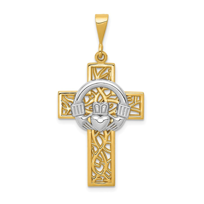 Million Charms 14K Two-Tone Claddagh Relgious Cross Pendant