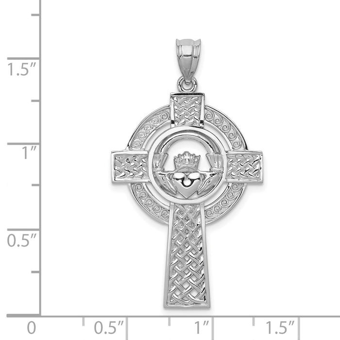 Million Charms 14K White Gold Themed Celtic Claddagh Relgious Cross Pendant