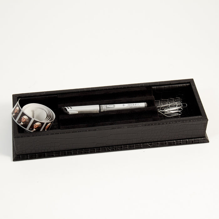 Occasion Gallery Black Color Black "Croco" Leather Stationery Tray. 12.25 L x 4.25 W x 2 H in.